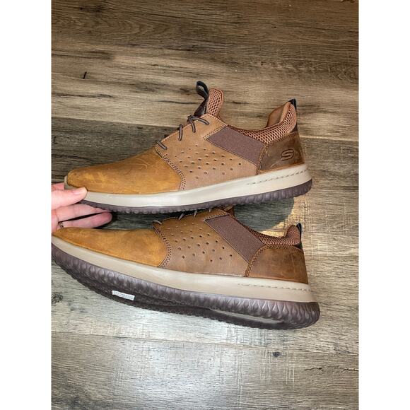 Sketchers Delson Axton Brown Leather Slip On Sneaker Comfort Foam Casual Work 12 - Picture 6 of 12